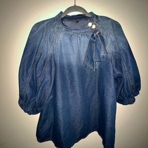 Blue Denim Puff Sleeve Blouse with Jean Bow Detail